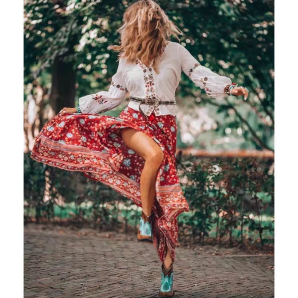 Red Floral Gypsy Bohemian Button Up Long Skirt - Picture 10 of 14